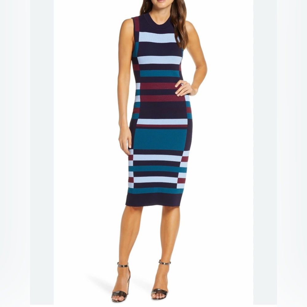 Vince Camuto Navy Blue Knit Striped High Tide Scoop Neck Midi Dress